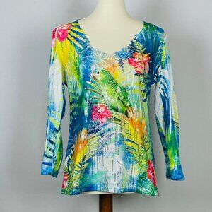 Impulse California Sequin Top Sz M Parrot Tropical Floral Lace Beach Resort